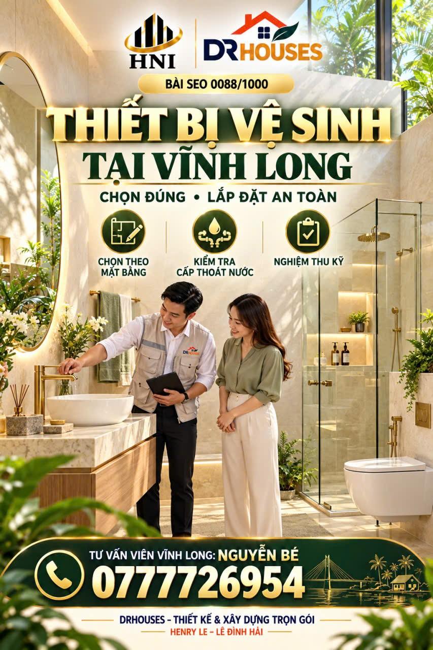 DRHOUSES Vĩnh Long cung cấp dịch vụ thiết kế và xây dựng nhà trọn gói từ ý tưởng kiến trúc đến thi công hoàn thiện, hỗ trợ gia chủ phối hợp mặt bằng phòng vệ sinh, cấp thoát nước, chống th